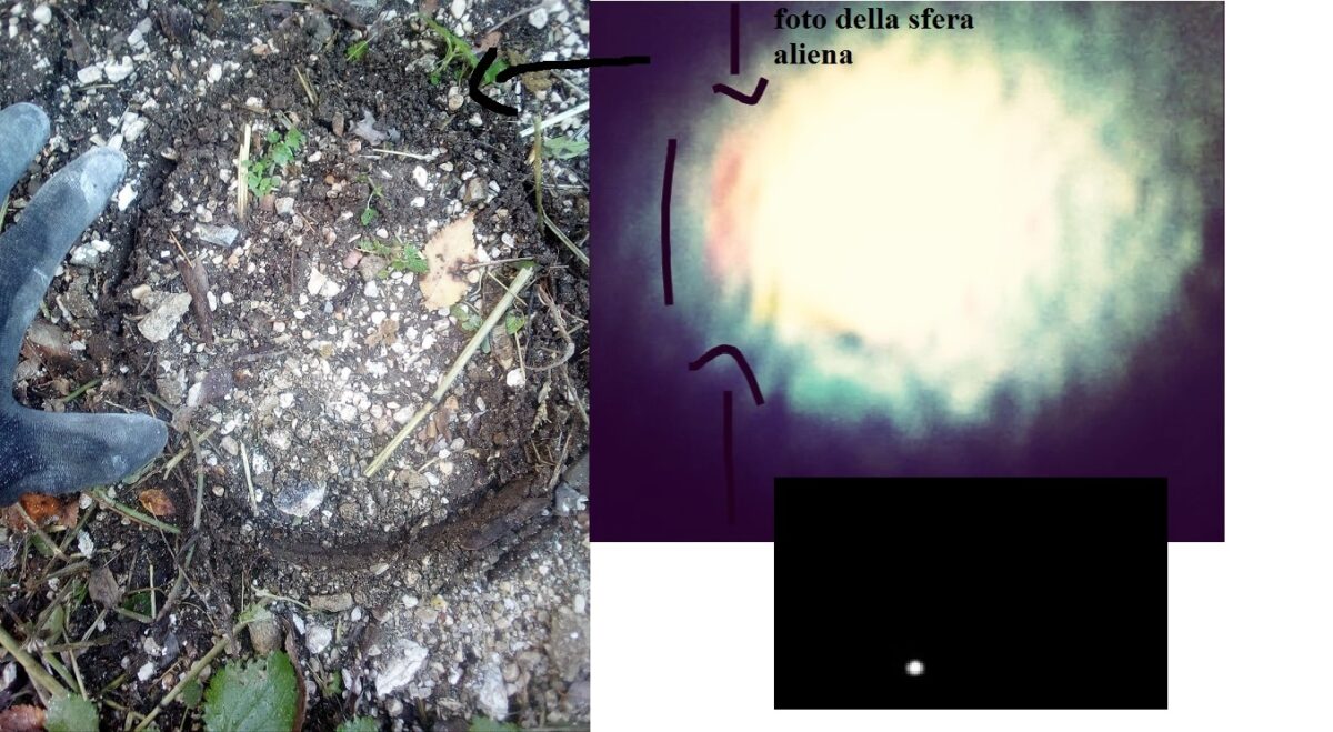 A DESTRA, LA SFERA DI LUCE; A SINISTRA, IL SEGNO CHE AVREBBE LASCIATO SUL TERRENO